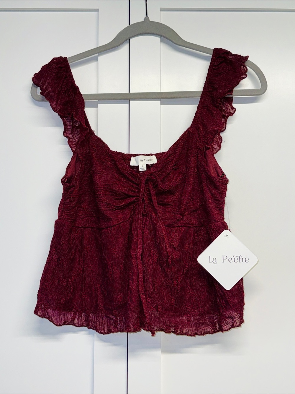 Women's Burgundy Ruffle Tie-Front Blouse